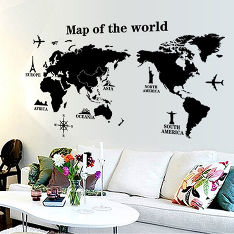 Home decor adhesive pvc travel black world map wall stickers