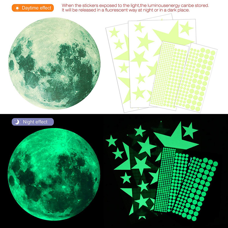 Home decor adhesive 3d stars dots luminous moon wall sticker