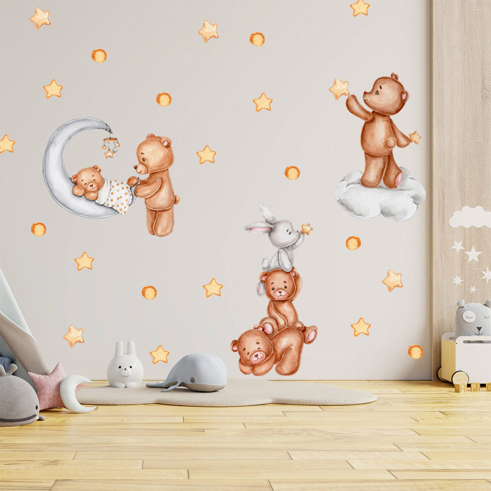 Cartoon bear mother love bear baby good night with gold dots decoration wall stickers for kids bedroom