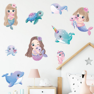 Removable waterproof pvc 3d cartoon mermaid wall decor stickers for kids girls room bedroom wall decals