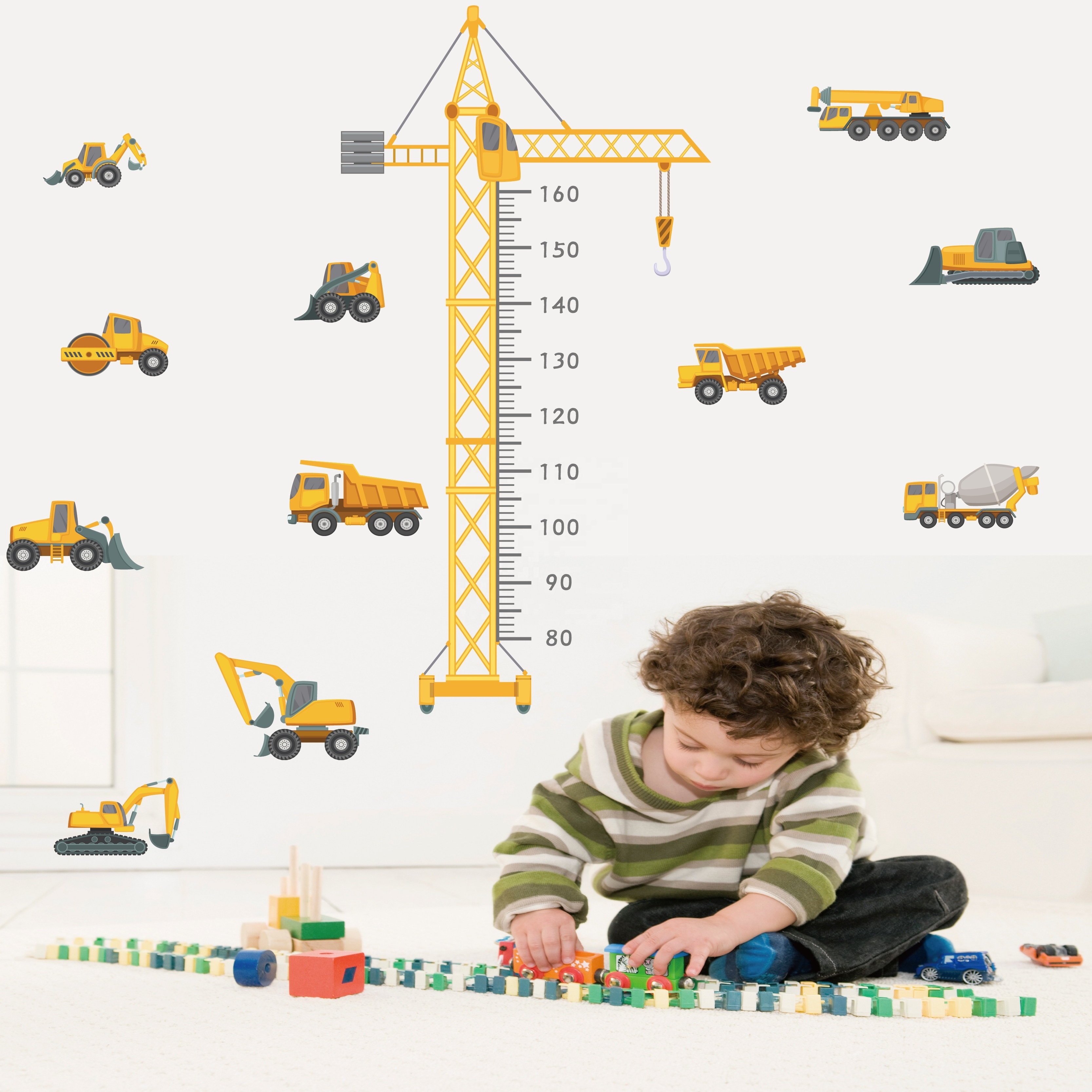 home decoration cartoon height measure excavator nursery wall stickers decal