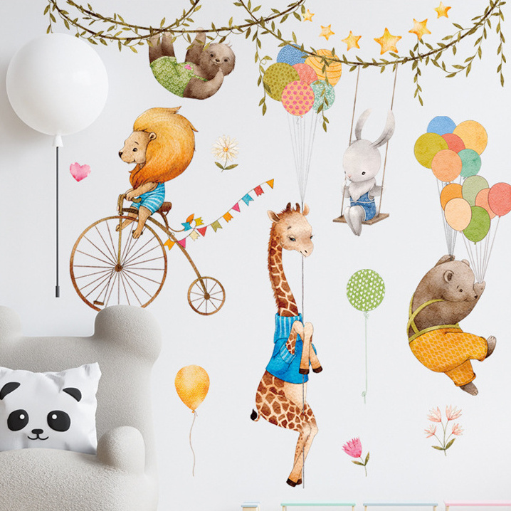 Baby bedroom decoration cartoon animal lion giraffe with balloon kindergarten wall stickers decals