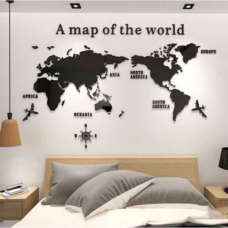 self adhesive home decoration black world map 3d acrylic wall stickers