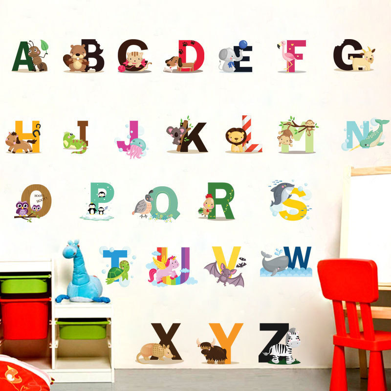 New removable cartoon animal school alphabet kids room wall stickers