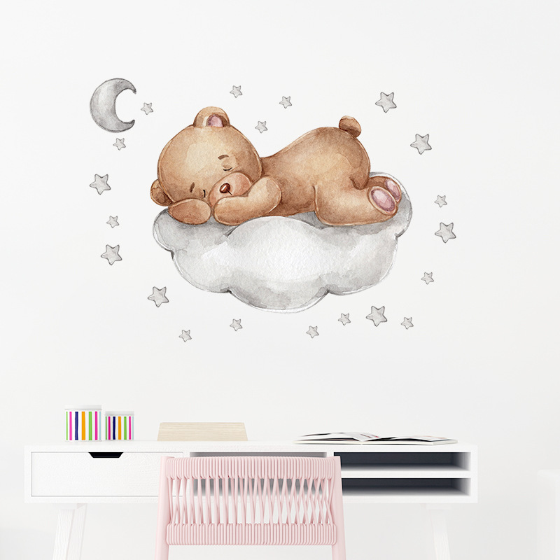 baby kids room decoration cartoon bear sleep on cloud nursery wall decals