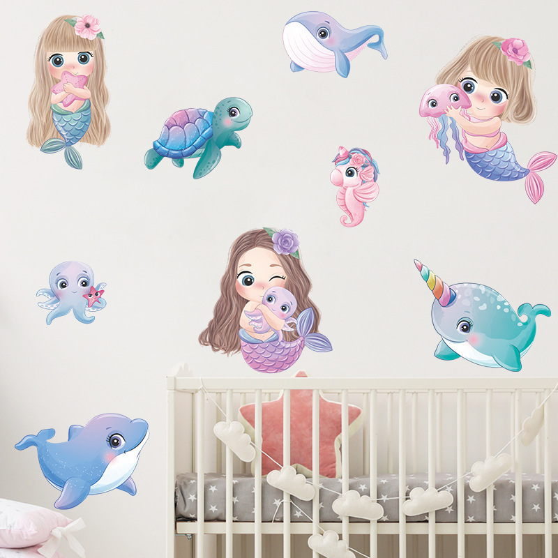 Removable waterproof pvc 3d cartoon mermaid wall decor stickers for kids girls room bedroom wall decals