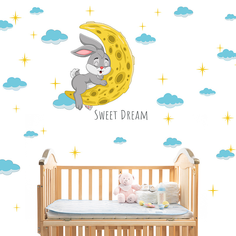 Removable bedroom wall decoration 3d rabbit with moon stickers for kids cute