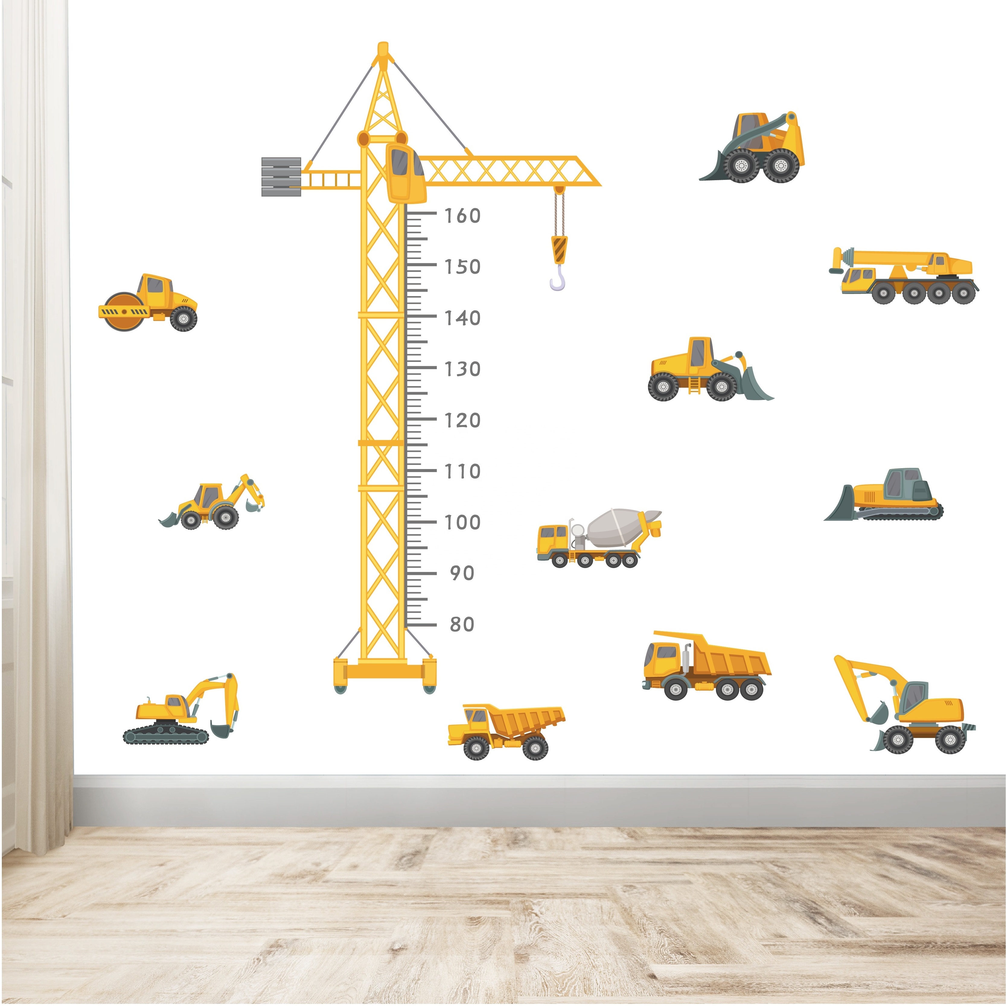 home decoration cartoon height measure excavator nursery wall stickers decal