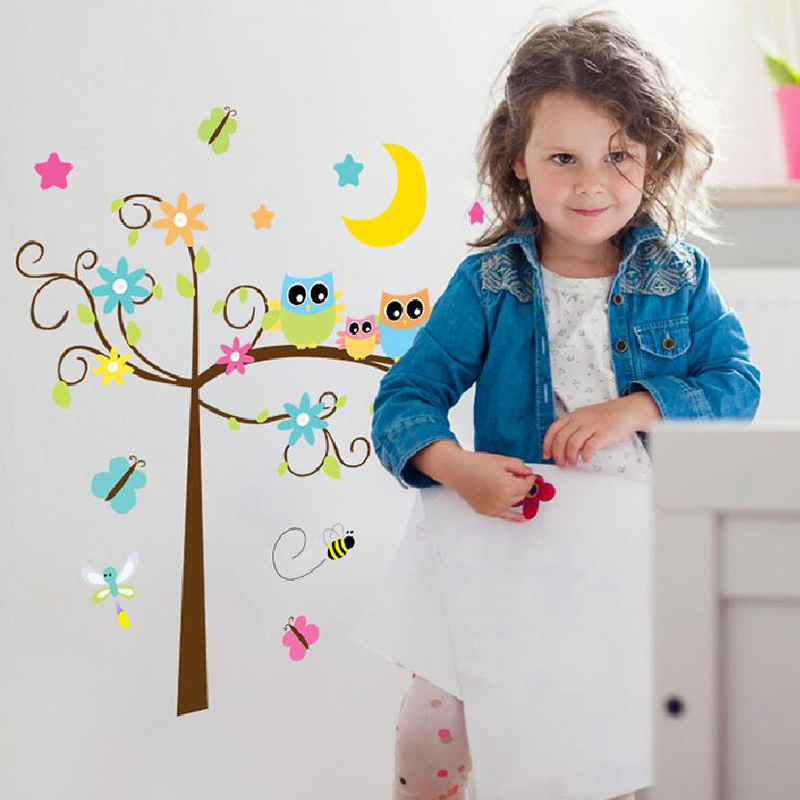 Removable colorful sweet owl on the tree kindergarten wall stickers