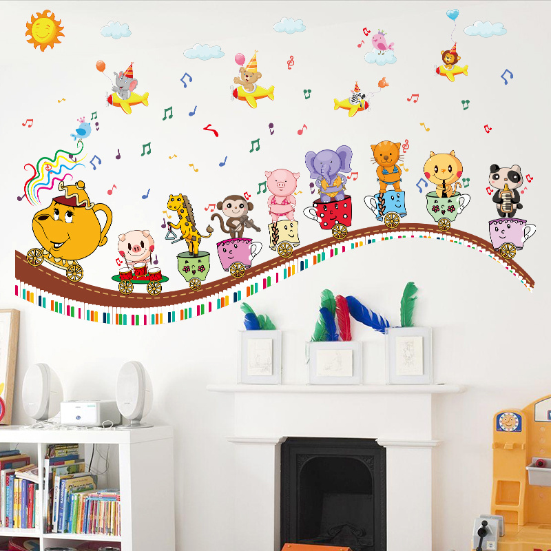 Self-adhesive nursery bedroom animals train wall sticker