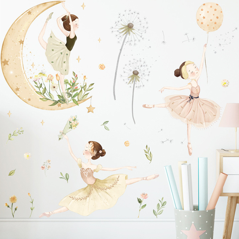 girls room decoration self adhesive 3d dance with dandelion sticker wallpaper for wall