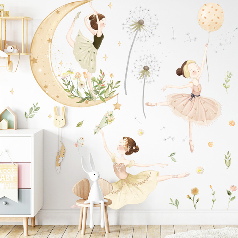 girls room decoration self adhesive 3d dance with dandelion sticker wallpaper for wall