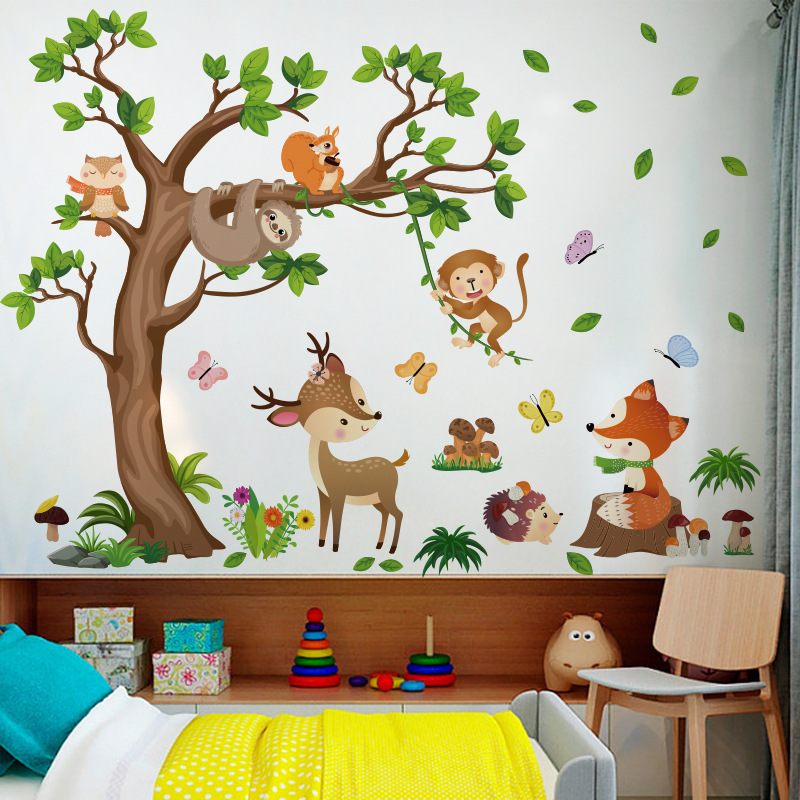 Easy peel and stick beautiful fabric woodland animal living room wall stickers image