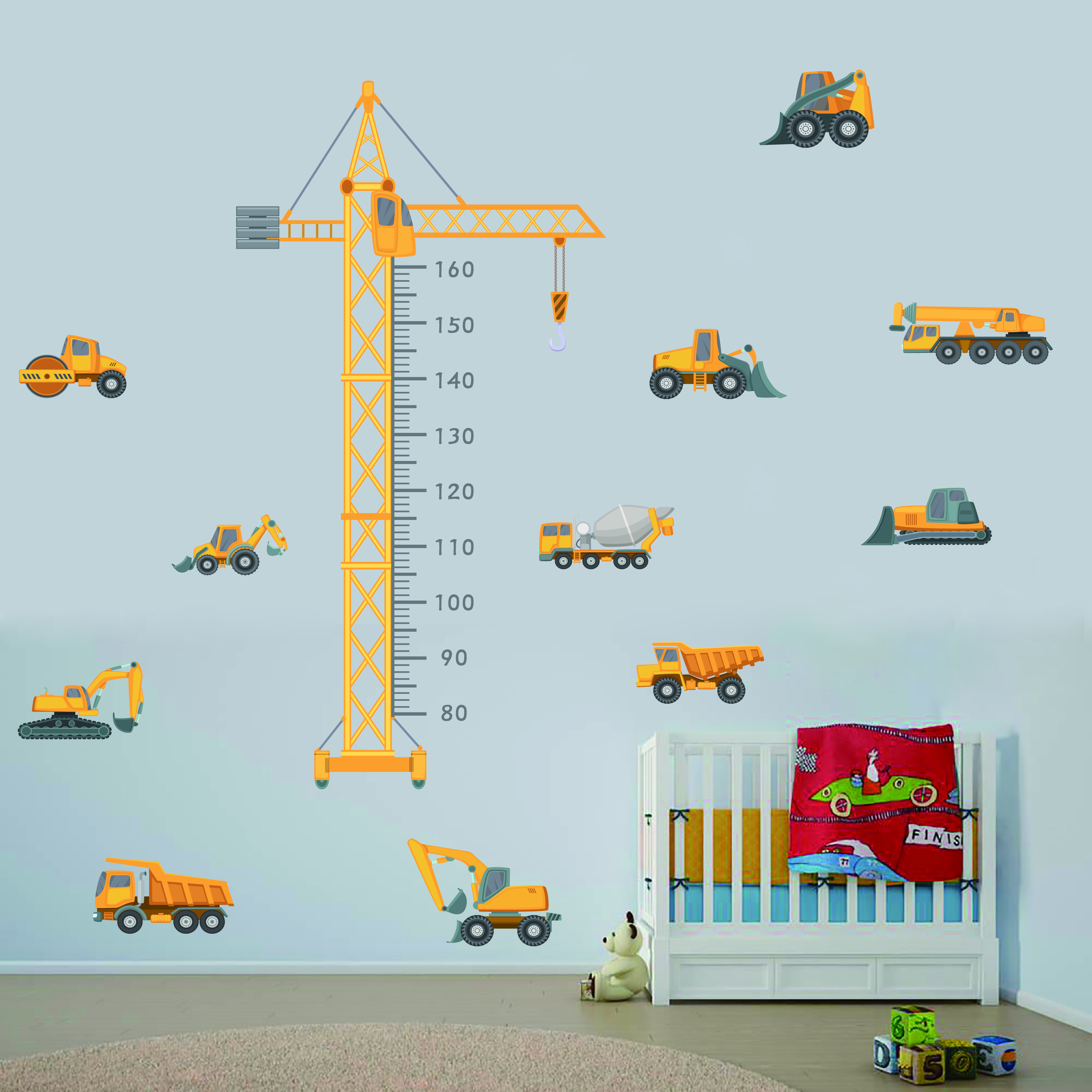 home decoration cartoon height measure excavator nursery wall stickers decal