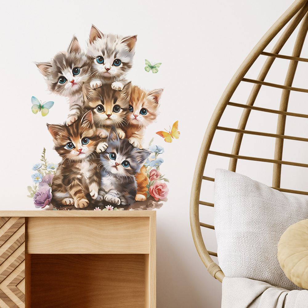 Baby bedroom cartoon cat with butterfly wall stickers 3d home decoration