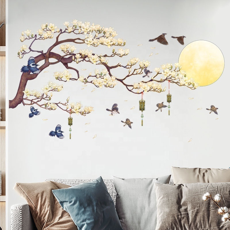 Self adhesive stickers for room walls white flowers bird moon pvc beautiful sticker flower