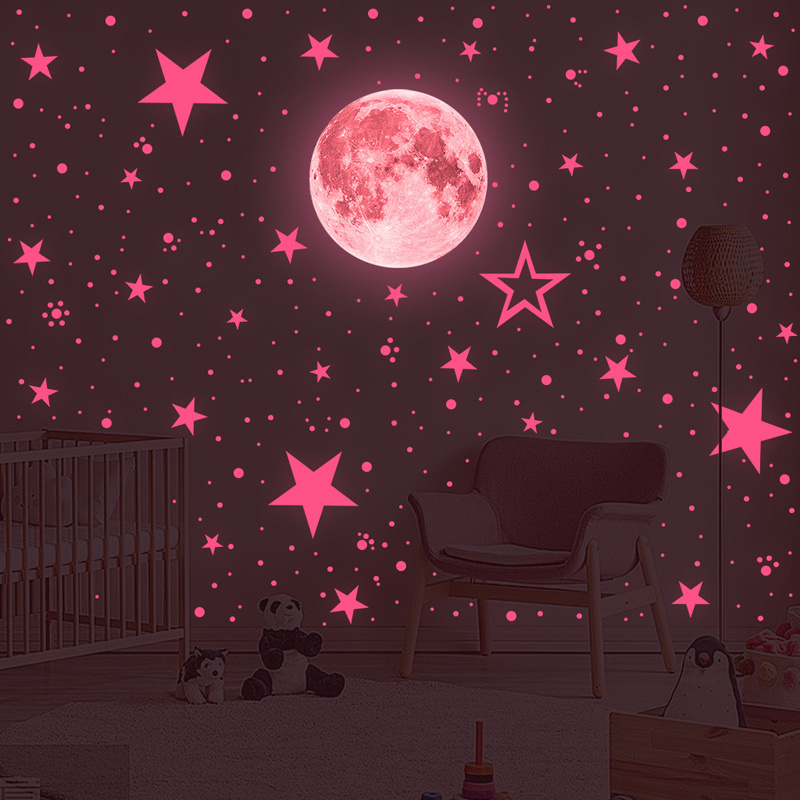 pink effect home wall decorative moon stars glow stickers in the dark