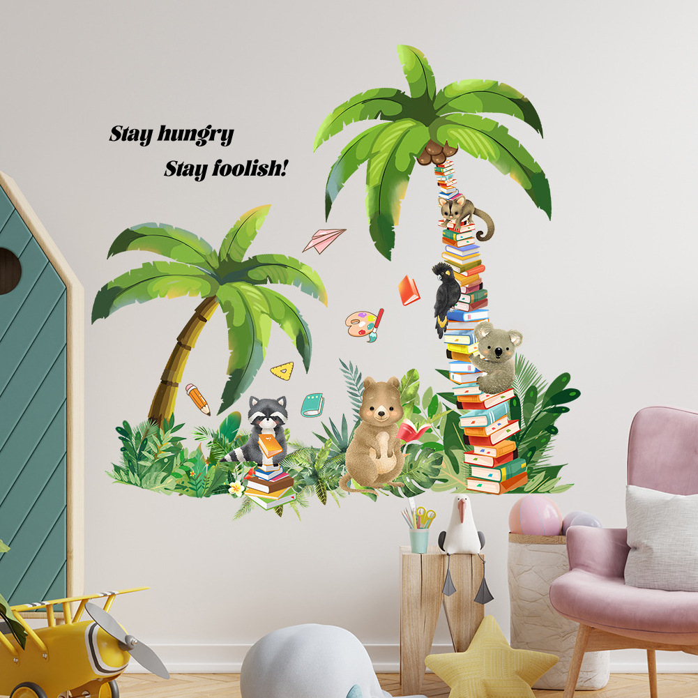 New design baby kids room cartoon animal palm tree sticker paper for wall