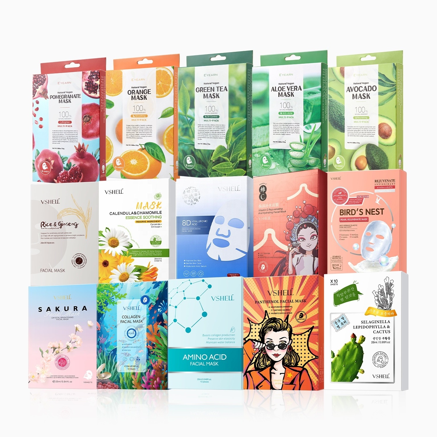 Hypoallergenic Cosmetic Facial Mask Pack of 10 Natural Hydrating Mask Sheet Korean Ingredient Beauty Skincare Paper Mask Patches