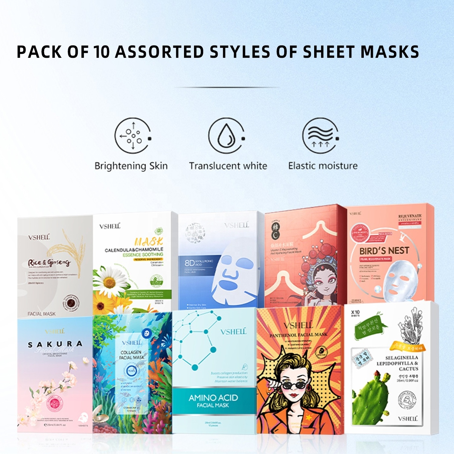 Hypoallergenic Cosmetic Facial Mask Pack of 10 Natural Hydrating Mask Sheet Korean Ingredient Beauty Skincare Paper Mask Patches