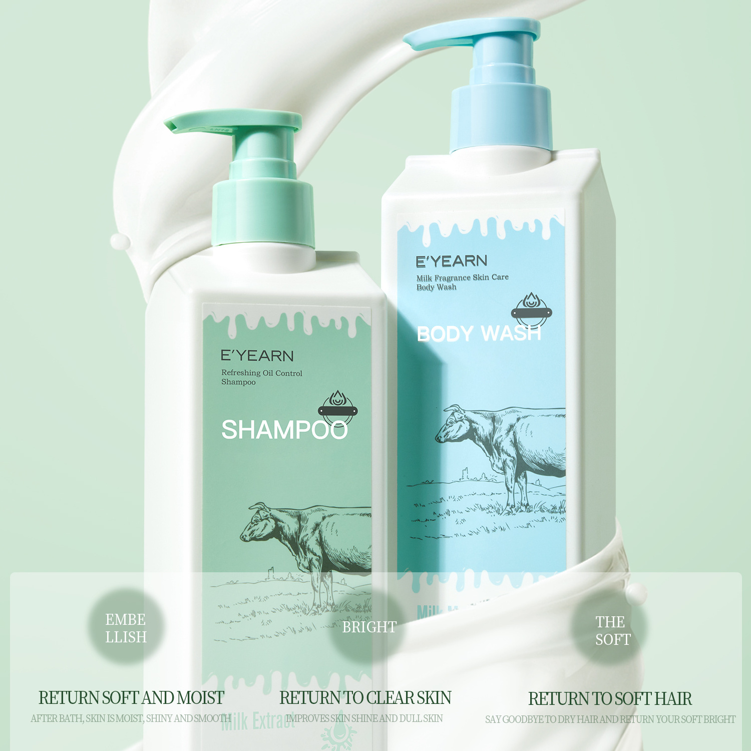 E'YEARN Milk Shampoo & Body Wash | Moisturizing Soothing Daily Cleanser Cruelty Free Milk Carton Shampoo Shower Gel Bath Set