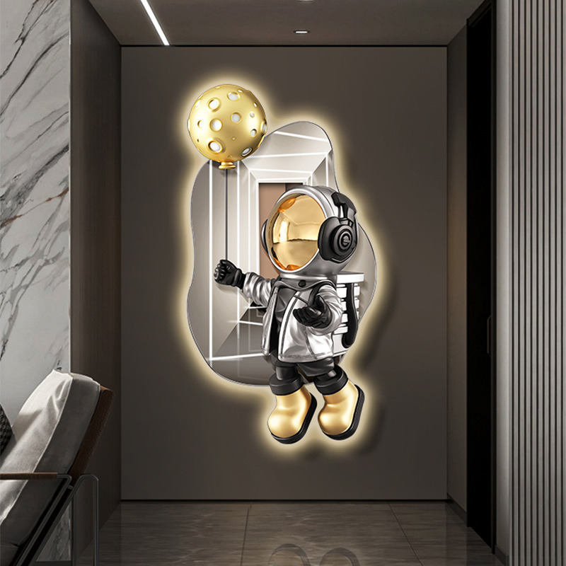 New design creative space doll crystal porcelain modern glass wall paintings with led for home decor