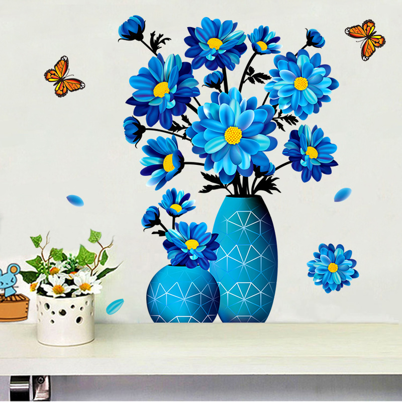 Self-adhesive living room 3d purple flower vase wall stickers for bedroom