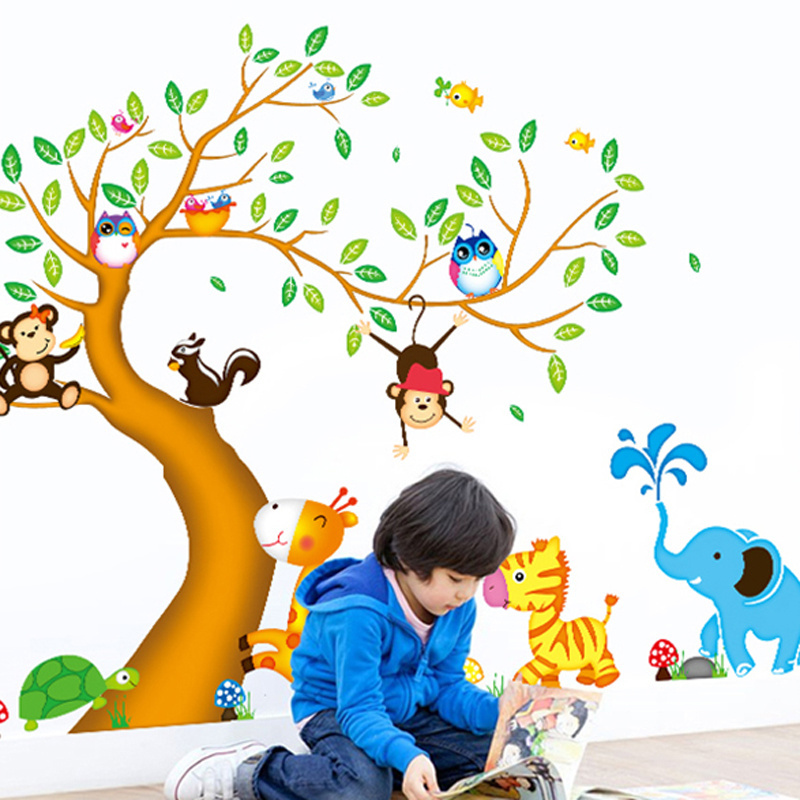 Nursery school large jungle cartoon animal tree wall stickers for children kids bedroom decoration