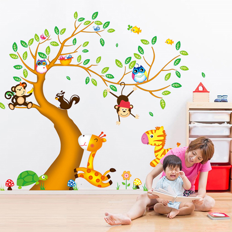 Nursery school large jungle cartoon animal tree wall stickers for children kids bedroom decoration