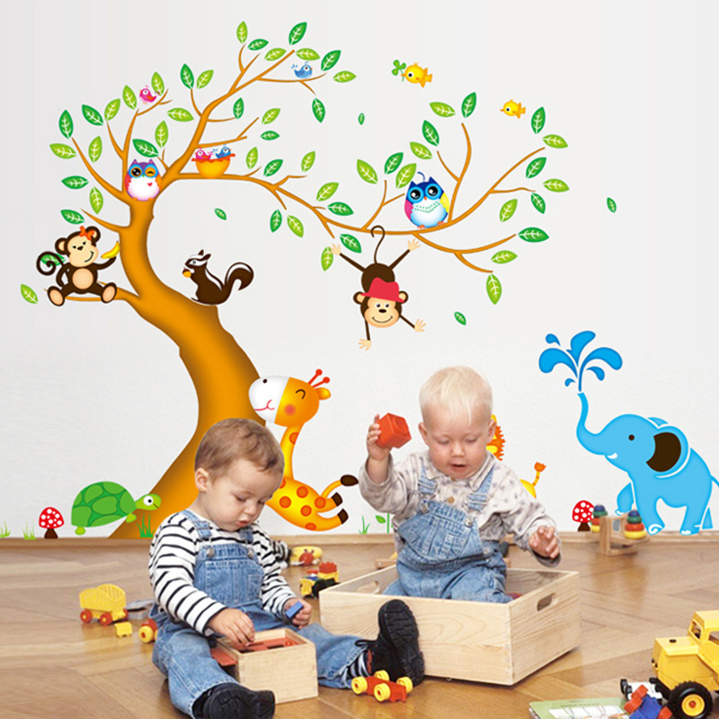 Nursery school large jungle cartoon animal tree wall stickers for children kids bedroom decoration