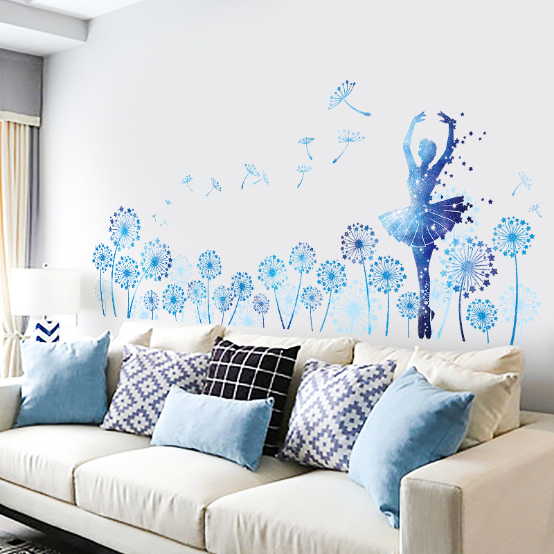 Removable blue dance girl wall deco decal korean wall stickers dandelion