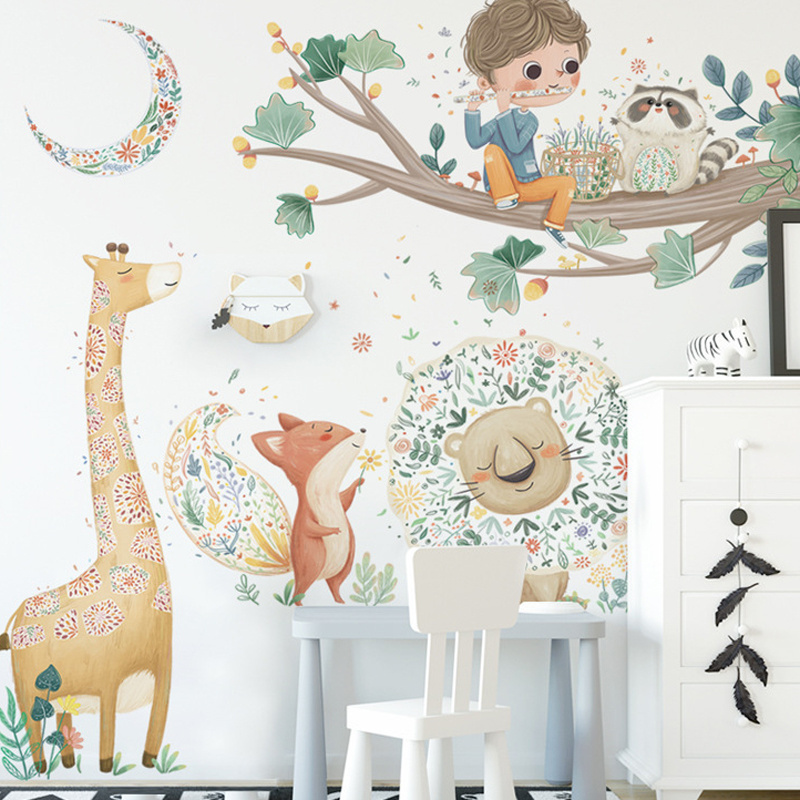 baby room decor cartoon jungle animals tree wall paper decorative wall stickers