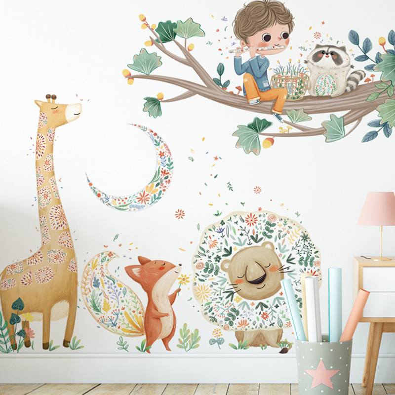 baby room decor cartoon jungle animals tree wall paper decorative wall stickers