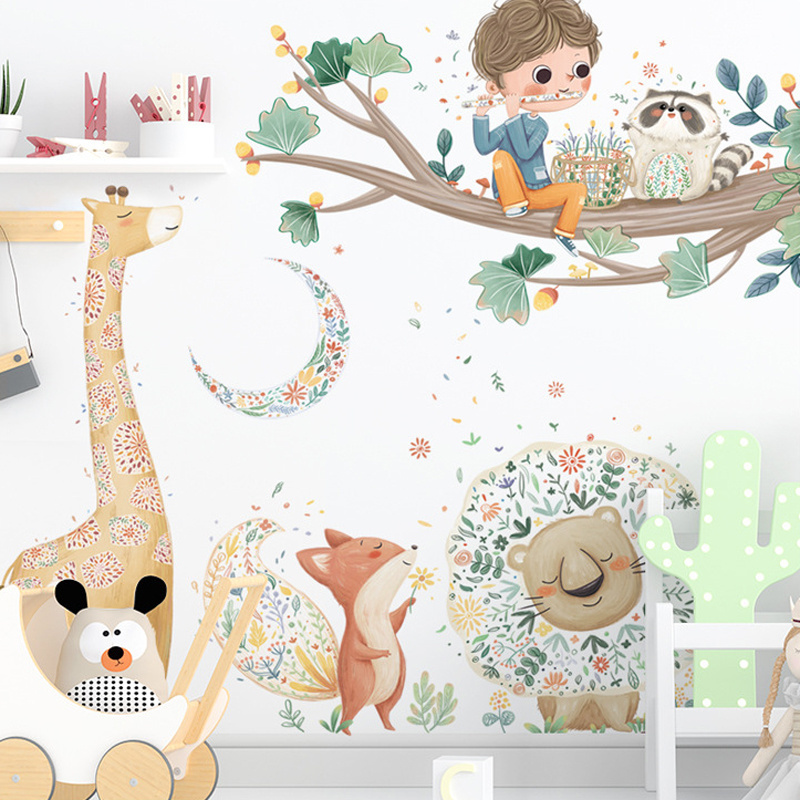 baby room decor cartoon jungle animals tree wall paper decorative wall stickers