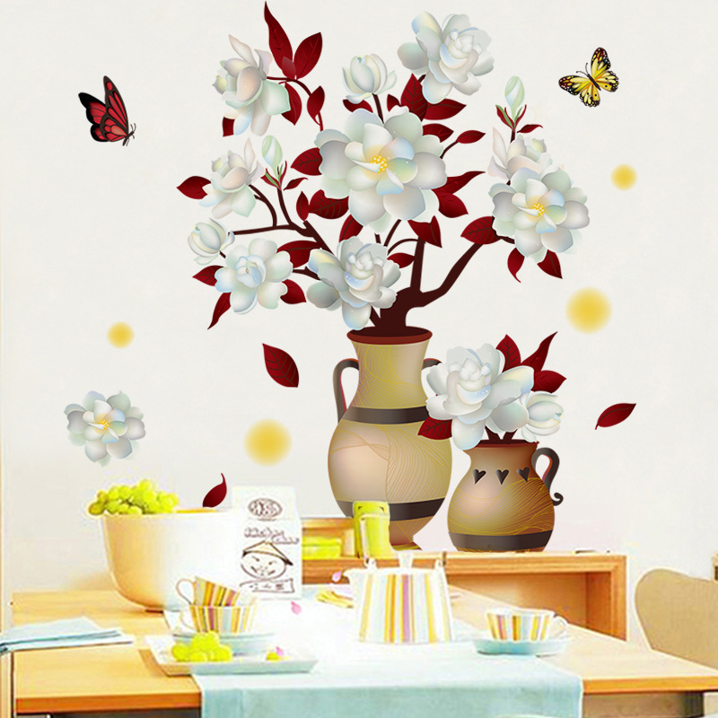 self adhesive 3d wall flower vase decor sticker for kitchen