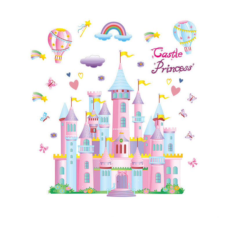 Creative cartoon wall sticker pink castle balloons decor cute girl room stickers