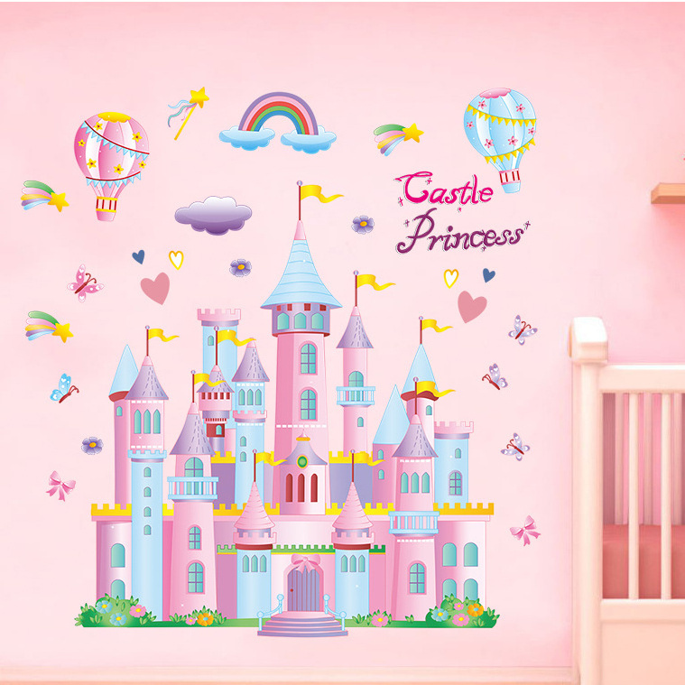 Creative cartoon wall sticker pink castle balloons decor cute girl room stickers