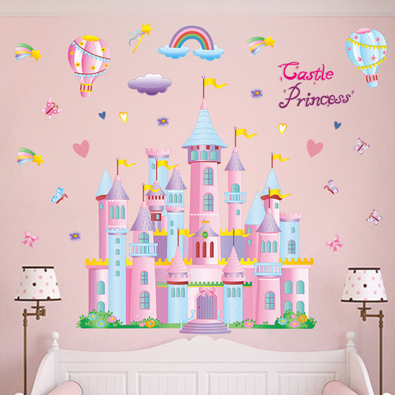 Creative cartoon wall sticker pink castle balloons decor cute girl room stickers