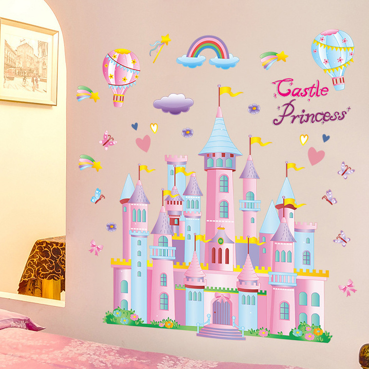 Creative cartoon wall sticker pink castle balloons decor cute girl room stickers