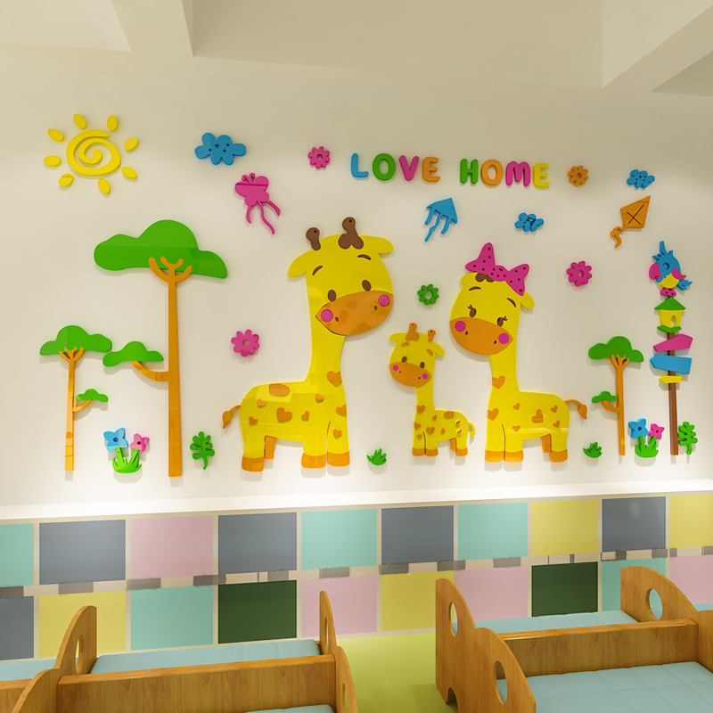 Home decoration acrylic nursery wall decals tree cute deer animal with sun wall sticker for kids room