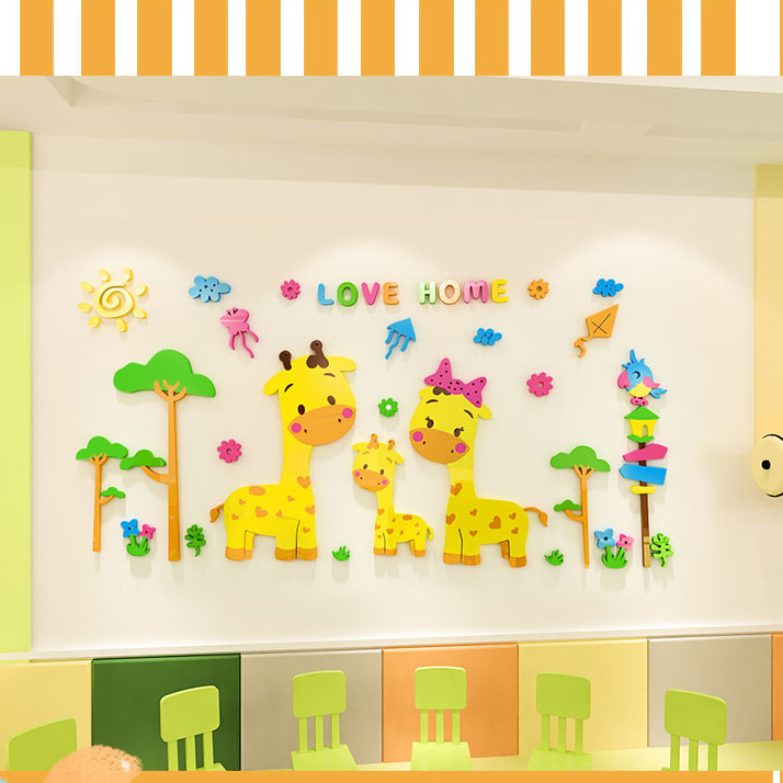 Home decoration acrylic nursery wall decals tree cute deer animal with sun wall sticker for kids room