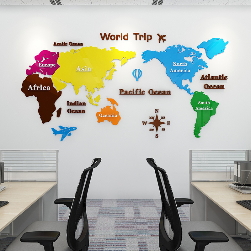 Hot sale 3d world map acrylic wall stickers decorate living room