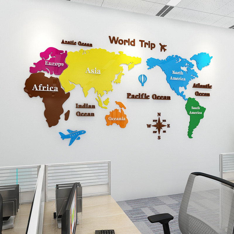 Hot sale 3d world map acrylic wall stickers decorate living room