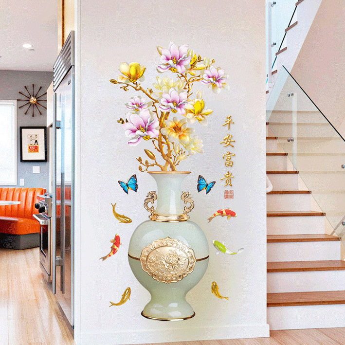 Living room self adhesive 3d wall flower vase decor sticker