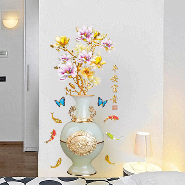 Living room self adhesive 3d wall flower vase decor sticker