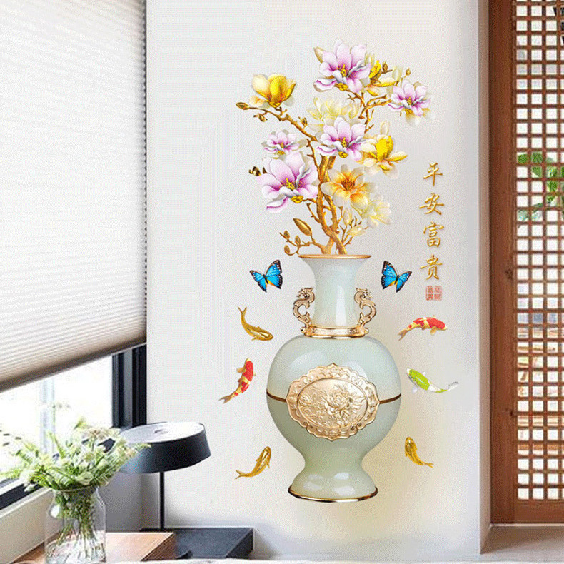 Living room self adhesive 3d wall flower vase decor sticker