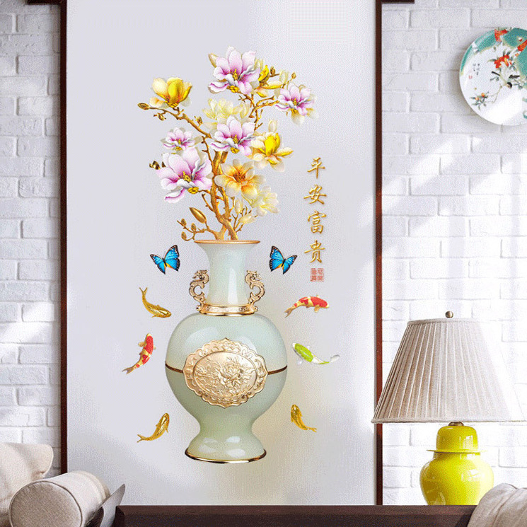 Living room self adhesive 3d wall flower vase decor sticker