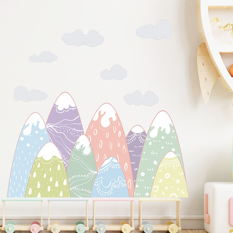 Cartoon painted mountain clouds design kids room wall stickers for living room water proof stickers kids stickers wholesale