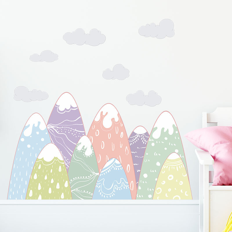 Cartoon painted mountain clouds design kids room wall stickers for living room water proof stickers kids stickers wholesale