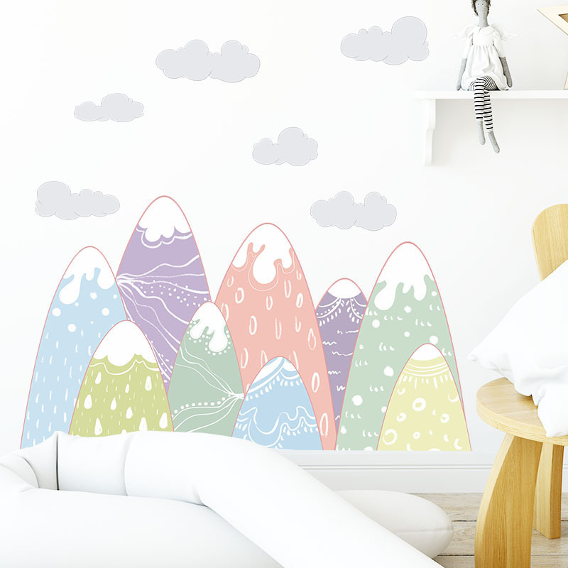 Cartoon painted mountain clouds design kids room wall stickers for living room water proof stickers kids stickers wholesale